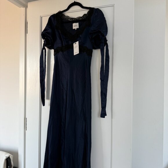 NWT Reformation Stella Silk Maxi Dress Navy Puff Sleeves w/ Tie Lace Details - Picture 4 of 9